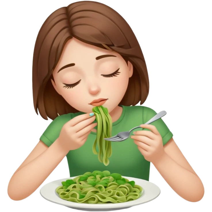Brown haired girl eating green pasta ￼asleep emoji
