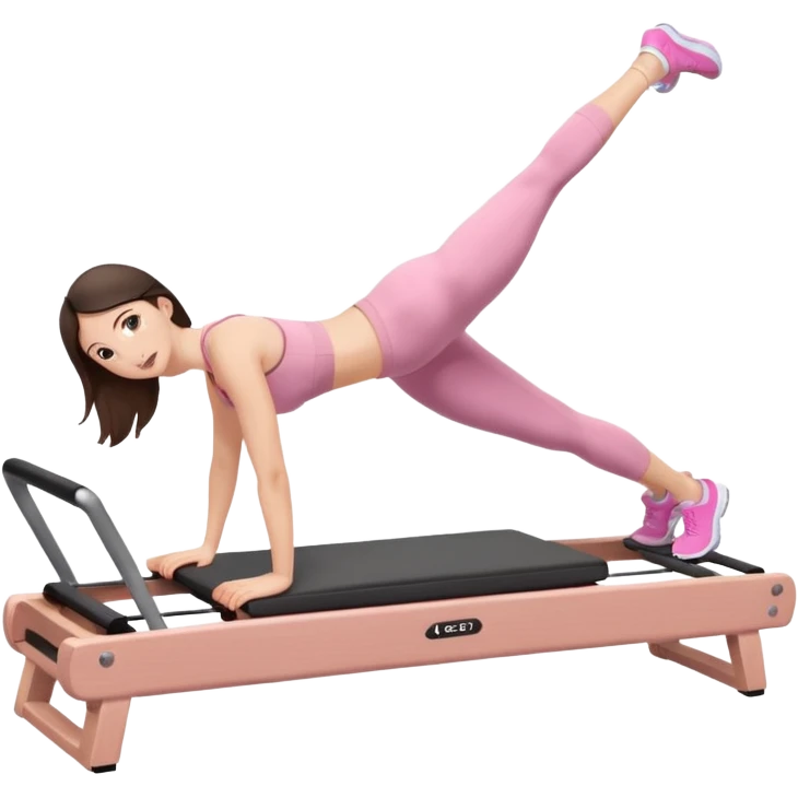 white brunette girl in light pink workout clothes doing a plank on a reformer emoji