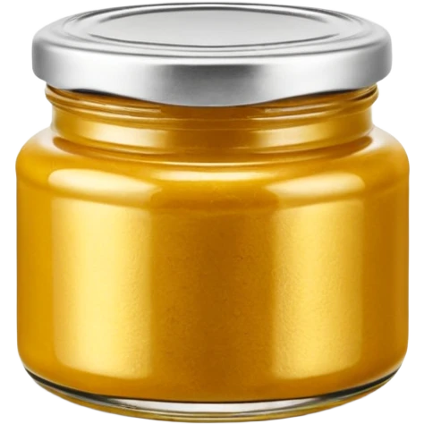 small round glass jar of yellow curry paste, vibrant golden-yellow paste visible, thick and slightly grainy, metallic or plastic lid (golden, silver, or dark), blank label optional, uneven or domed surface, 3D clean style, transparent background emoji