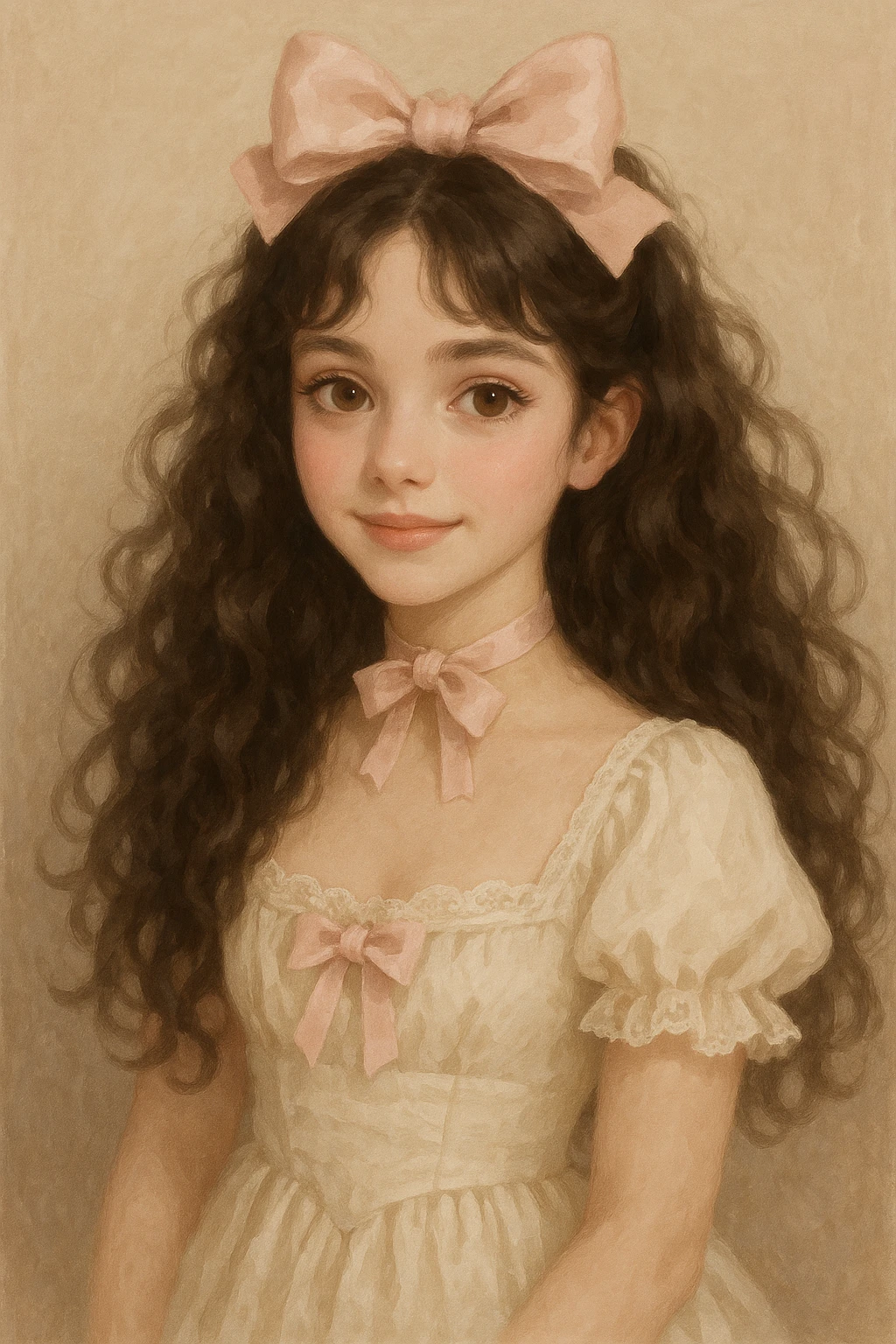 a girl with curly long dark brown hair, brown eyes, coquette style, semi-realistic style emoji