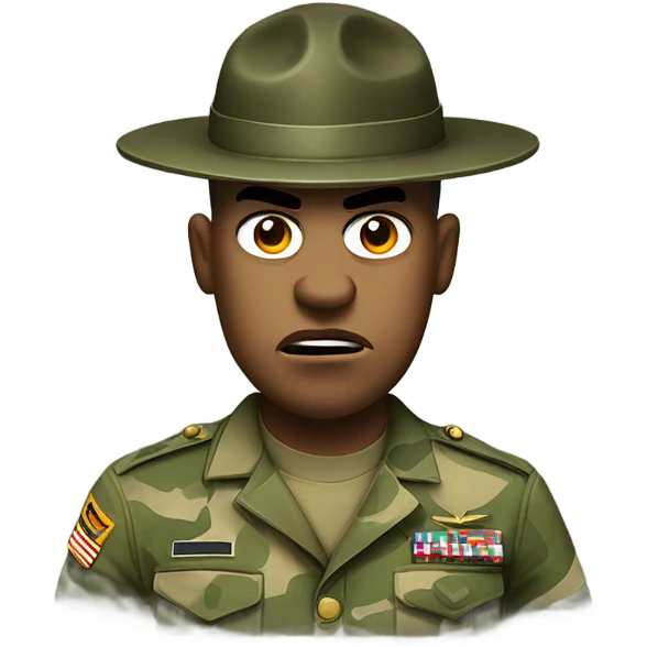commanding drill sergeant character wearing a classic sergeant hat and a camouflage army shirt. The character should have an angry intense expression. emoji