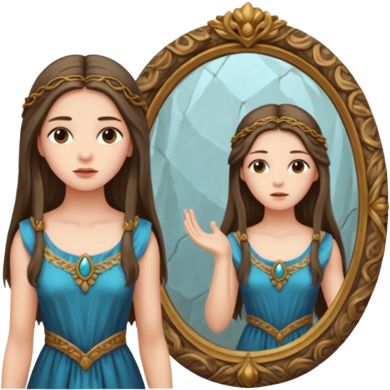 Woman facing ancient mirror, reflection slightly delayed and darker emoji