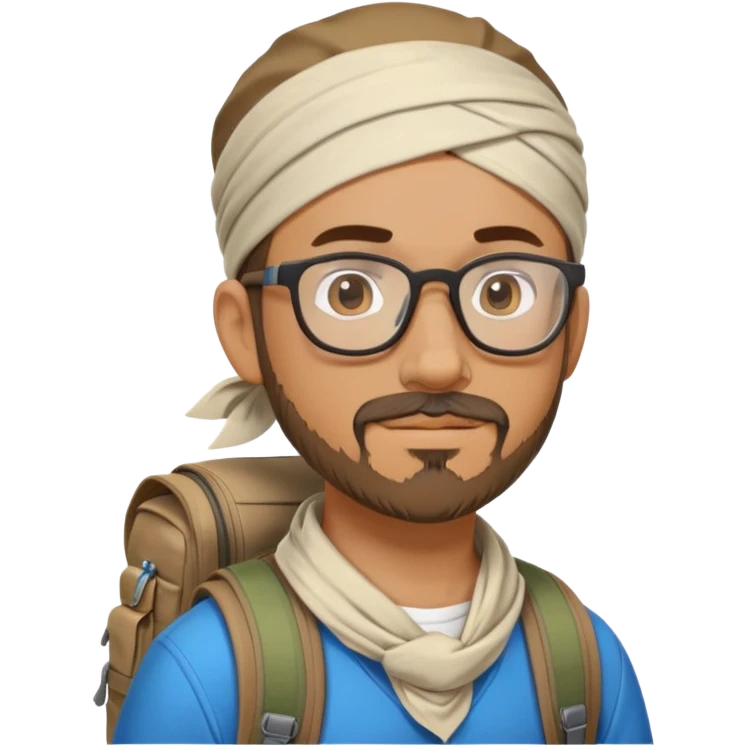 adventurer with goatee beard (no beard on cheeks), short hair, glasses, bandana on head and backpack emoji
