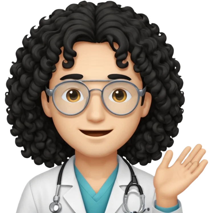 a young male doctor with black long curly hair cover his eyes a little bit and cheerful face emoji