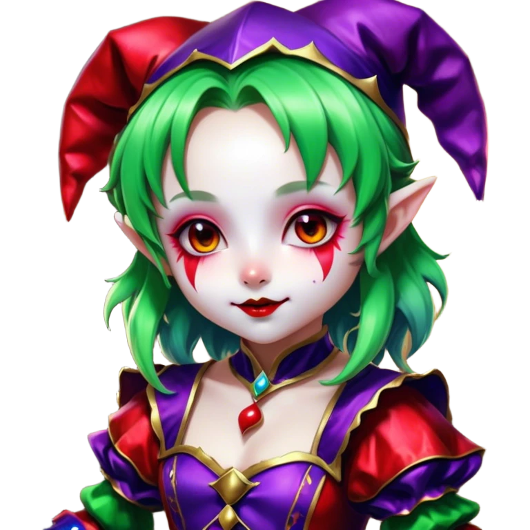 Cinematic chibi style girl in dressed like a Jester, Ultra realistic 32k HD, Breathtaking piece of art, rim lighting, hauntingly beautiful art, vibrant colors, Balanced features, highly detailed digital artwork, glowing with silver light, glowing, high shine, deviant adoptable, highly detailed clothing, remembrance, a painting of white silver, fanciful, enchanting, ghostly, embodying the essence of both reality and fantasy, dreamy, dreamy glow, optical illusion, immaculate composition, complex pose, air composition. The image is so lifelike that it feels as though it could leap off the canvas at any moment emoji