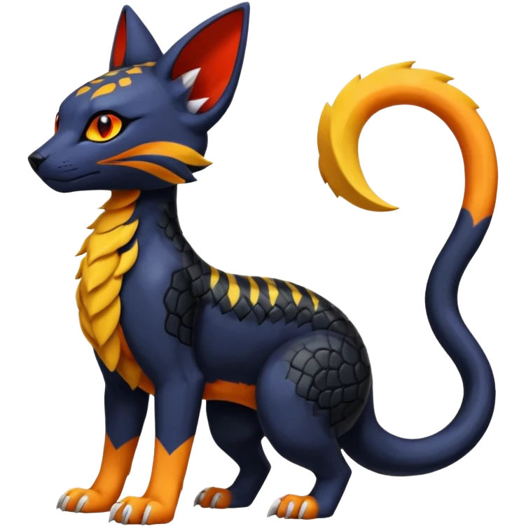 Colorful orange red black yellow Bastet-Salandit-Umbreon-Gatomon-Vernid-Protogen-Digimon-Fakémon-Pokémon-creature  (full body) emoji