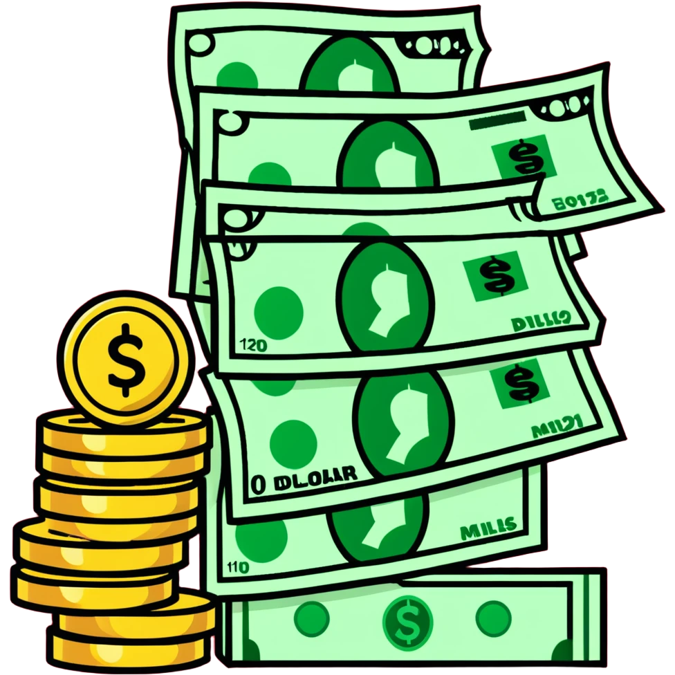 upward green arrow next to a tall growing stack of dollar bills and coins emoji