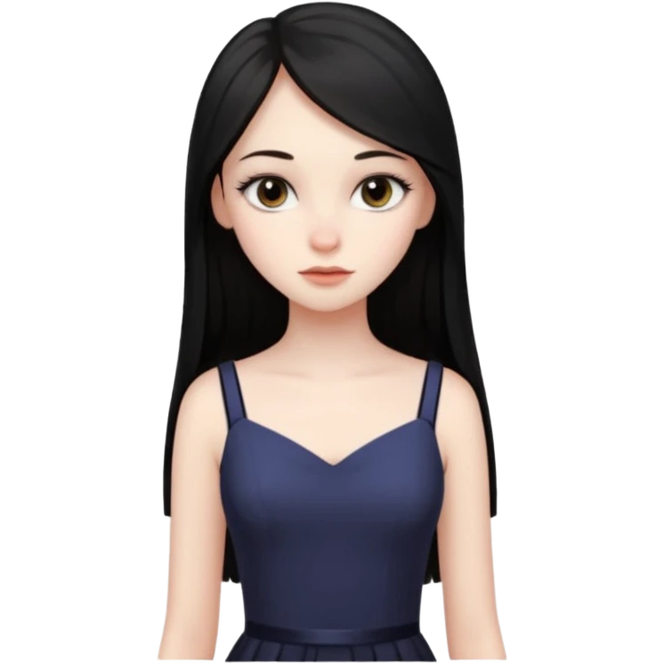 Cabelos pretos longos lisos ,olhos castanhos escuros puxadinho para cima com cílios grandes Pele clara ,nariz pequeno ,lábios mais carnudos ,adolescente 16 anos , com vestido de alinhamento emoji