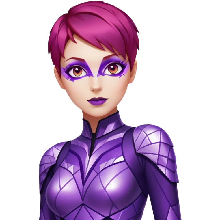 a woman with fair skin, short red hair, and glowing purple eyes. She wears a sleek, metallic purple and silver costume with geometric patterns and glowing accents. Her body shimmers with energy emoji