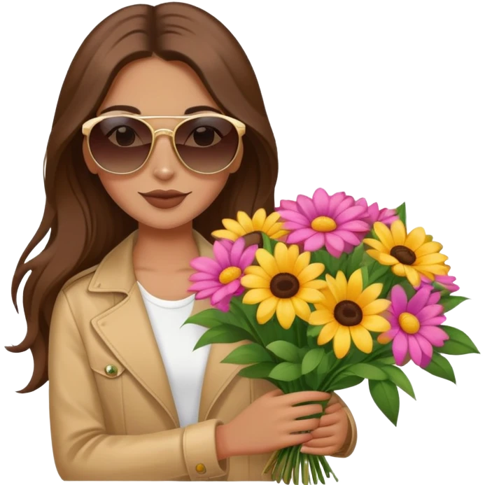 cool girl with long brown hair holding a bouquet of flowers, sunglasses, trendy emoji