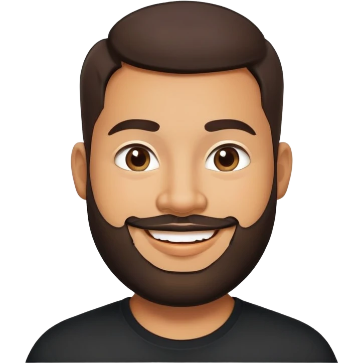 Heavier-set producer with light brown skin, pear-shaped face, full cheeks, big cheerful smile, warm inviting eyes, thick eyebrows, wide nose, short well-groomed beard, very short dark hair, wearing a black shirt emoji