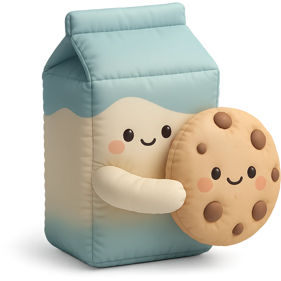a cushion style milk carton hugging a cookie, both with cute faces, soft and puffy look, pastel palette emoji