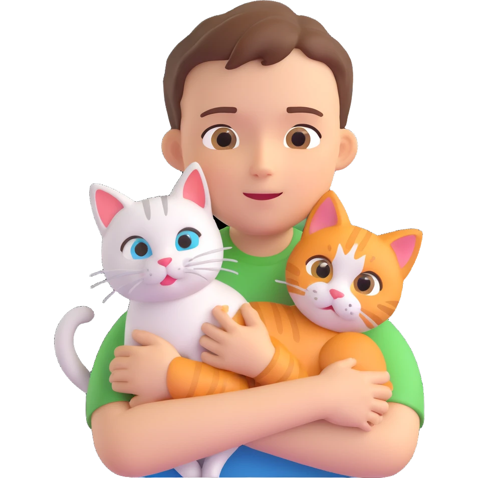 boy and cat pet in forrest background, close up pose emoji