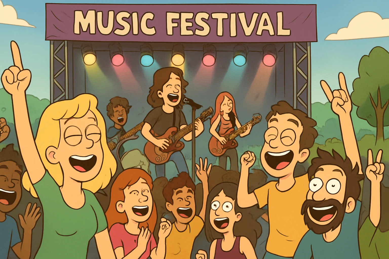 music festival, vibrant outdoor scene, crowd, stage, colorful lights, energetic atmosphere, cartoon style emoji