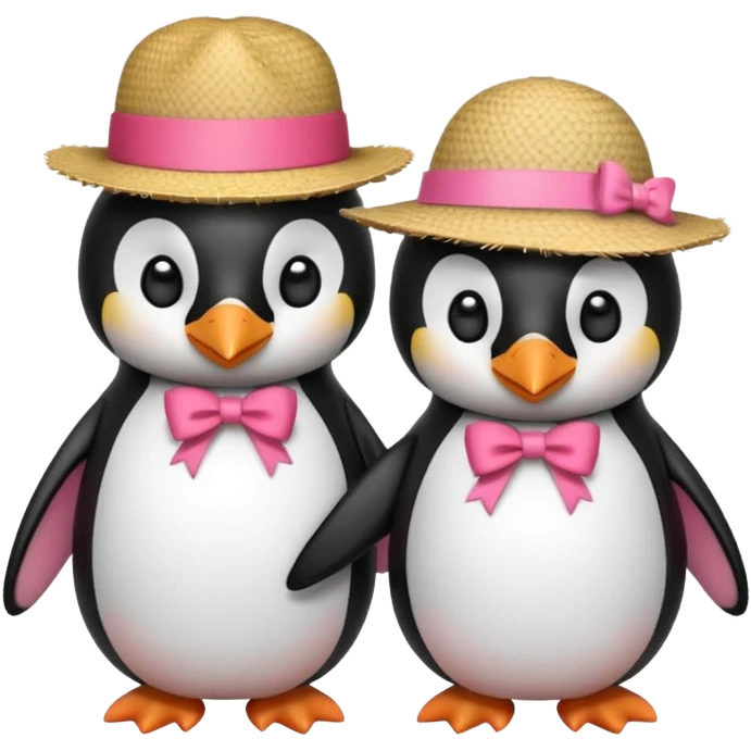 Allora fammi un emoji che rappresenta un pinguino con in testa un fiocco rosa che da la mano a un altro pinguino che in testa ha un cappello di paglia con al centro del cappello una striscia rossa emoji