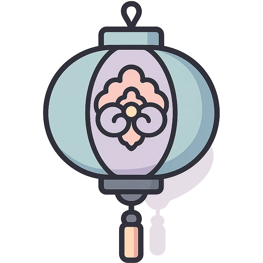 elegant Chinese lantern with patterned decor, detailed shadow, thin clean outlines, soft rounded shapes, pastel palette #98B5BC, #B5B3C1, #C9A3C9, #E4C0CA, #F7DCD1, #F7C0AA, modern Japanese pop-art and sticker aesthetic, high detail, vector clarity, soft lighting, transparent background emoji