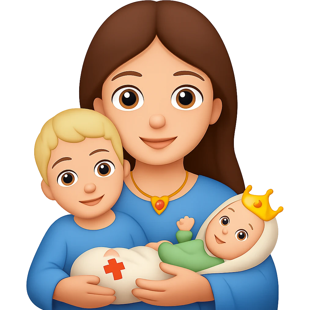 Remove hood from Mary, give her brown hair, keep light skin and baby Jesus, in emoji style. Remove background. emoji
