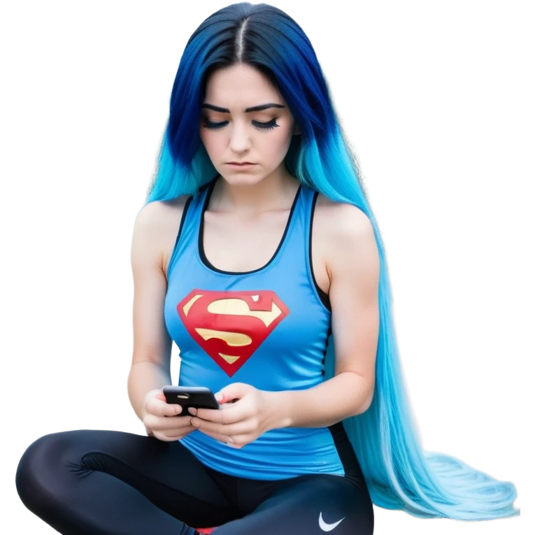 Shameful disappointed crying-very very very very big chest-texting on a samsung cell phone-very long straight flowing black to sky blue hair ombre-blue eyes-black eyeliner-long eyelashes-plastic sparkling sky blue very low cut tank top with sparkling superman logo-black leggings-nike sneakers emoji