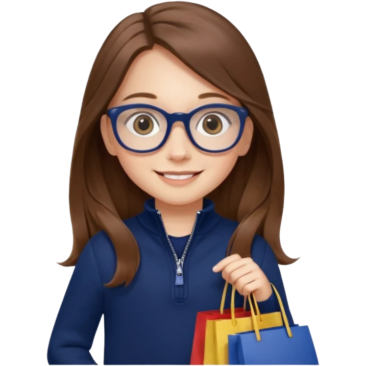 A little girl (he usually calls her baby), who is obsessed with shopping and luxury brands and holds a dozen of bags, she wears navy blue half zip sweater and holds 10 bags and she has long brown hair with Prada eyeglasses. The previous one but with eyeglasses  emoji