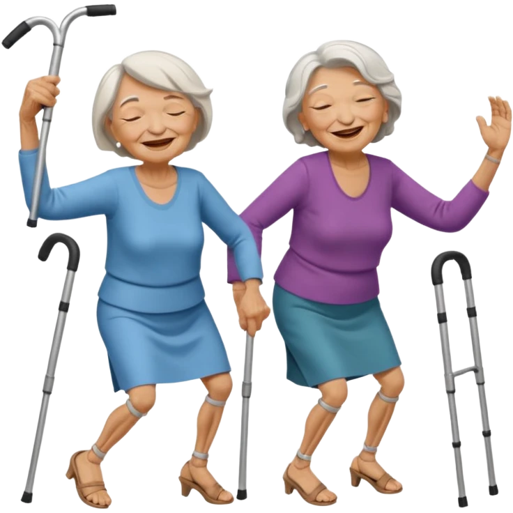 A old woman dancing with one eye closed and another old womn dancing with crutches. emoji