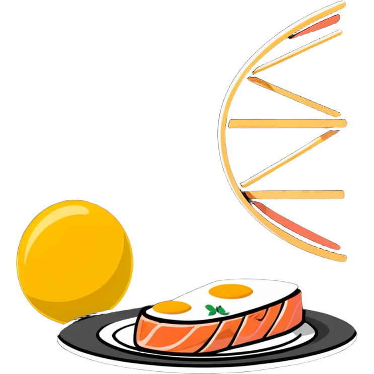 Floating plate with cute stylized protein foods: golden egg, salmon fillet, chicken breast, and tofu block, orbiting a DNA double helix, with energy beams connecting to a muscular figure silhouette emoji