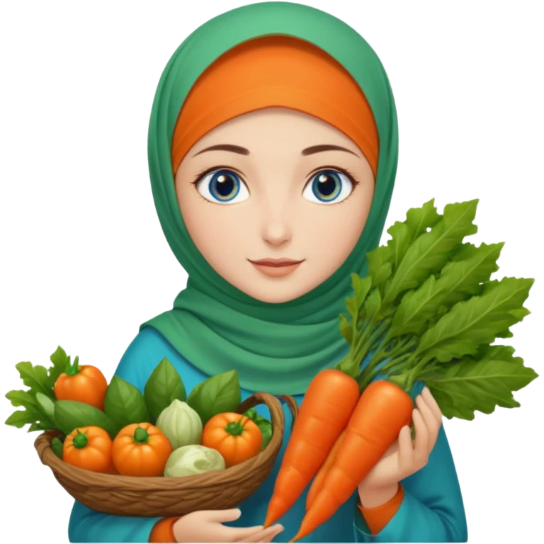Turkish beautiful finish Konya girl blue eyes with garden design orange green hijabi dress and she had on her hand vegetables  emoji
