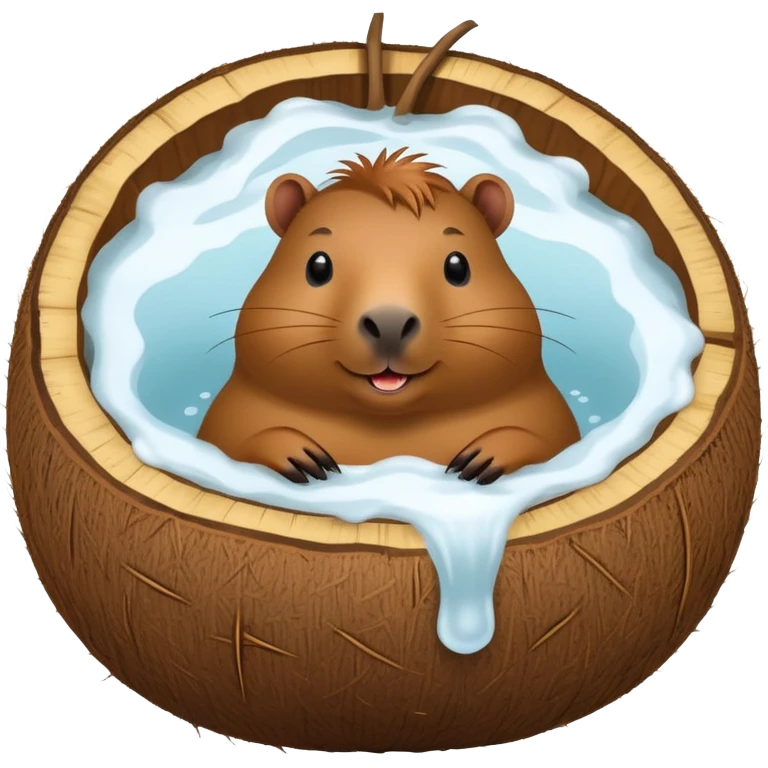 Happy capybara relaxing inside a halved coconut like a bathtub emoji