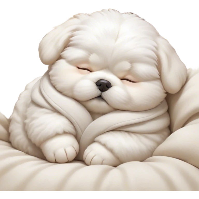Cinematic Chubby Sleeping Maltese Portrait Emoji, Chubby and serene, with a round, adorable build and a soft, fluffy white coat, eyes gently closed in peaceful slumber, Simplified yet irresistibly endearing features, highly detailed, glowing with a gentle, dreamy glow, high shine, relaxed and content, stylized with a touch of whimsy, bright and heartwarming, soft glowing outline, capturing the essence of a blissfully sleepy companion, so comically serene it feels like it could roll out of the screen and snore with adorable charm! emoji
