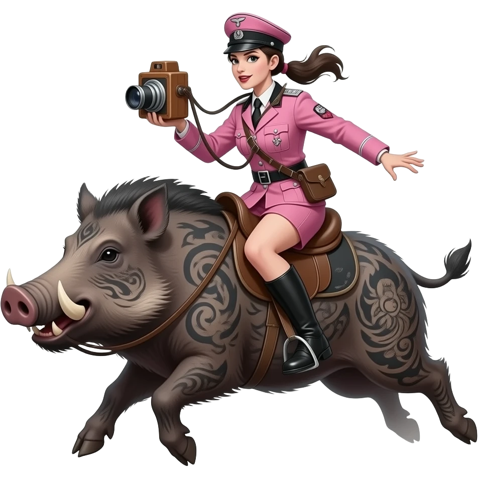 cinematic - creepy female rider in pink WWII German army uniform jumping on a large tattooed boar with a wooden daguerreotype camera emoji