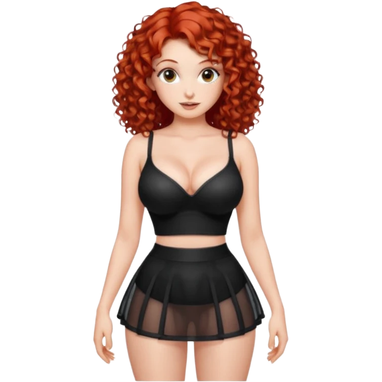 Naked red curly haired girl with very large big boobs and cleavage.  Thin waist and wide sexy hips.  Completely naked but wearing a see-thru black mesh very short mini-skirt emoji