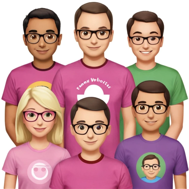 Generate amoji's for the main characters of The Big Bang Theory: Sheldon, Leonard, Penny, Raj, Howard, Bernadette, Amy, Steward. emoji