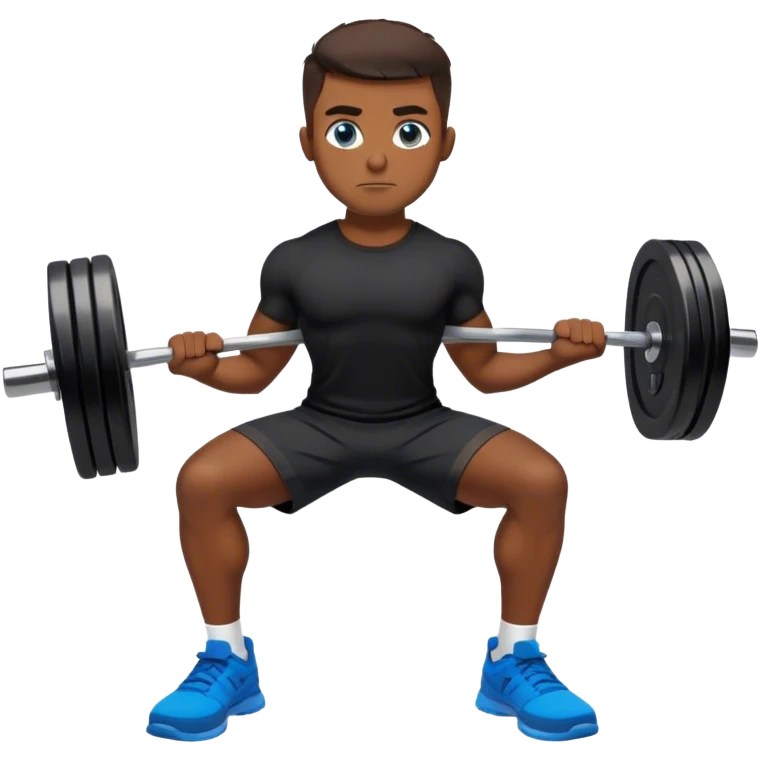 tanned man colored eyes black shorts black t shirt blue shoes barbell squats emoji