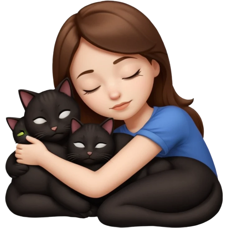 white girl with brown hair asleep hugging two black cats emoji style emoji