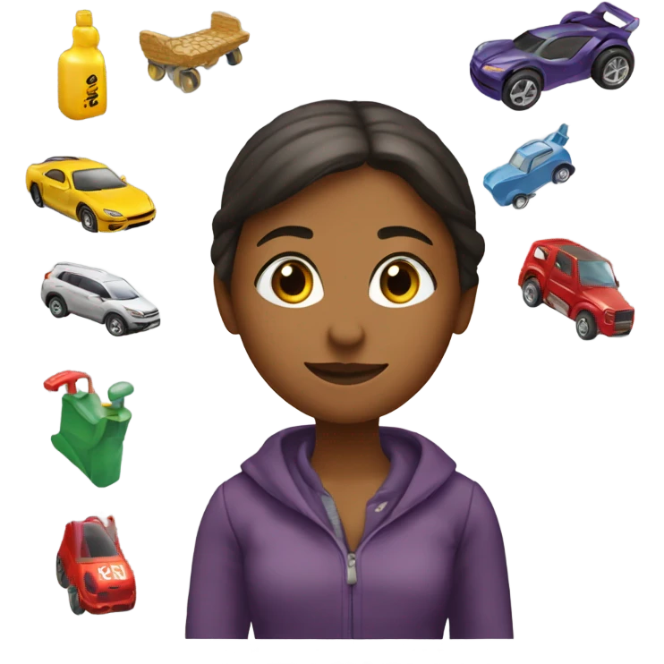 A woman who playing with the toys cars, and the word “Ok” at the top emoji
