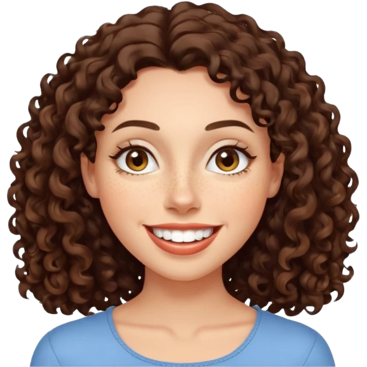 realistic emoji of a woman with shoulder-length dark curly hair, expressive almond eyes, freckles, full lips in a broad smile showing teeth, smooth glowing skin, calm friendly happy look emoji