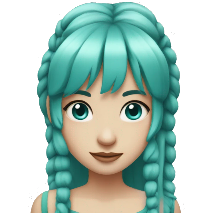 A female with pale skin and very long hair with 2 pigtails and turquoise hair and very straight bangs straight hair crimson eyes emoji