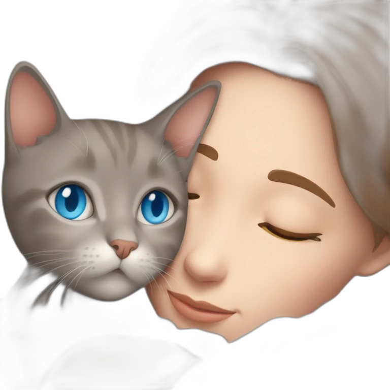 light gray, blue eyed cat cuddles brown highlighted colored girl emoji