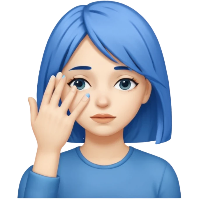 Woman with hand.covering eyes with medium length blue hair emoji