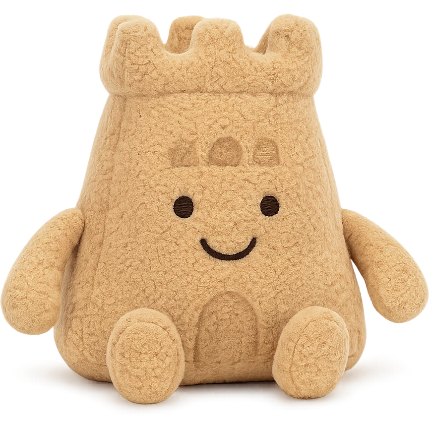 a cuddly jellycat sand castle plush, with smiling face and sandy color palette emoji
