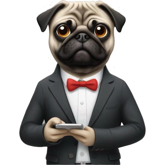 Pug using phone with suit on emoji