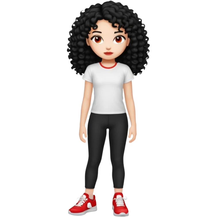 generate a pretty bratz fair skinned girl with curly black hair wearing a white tshirt trekking on a hill with red sneakers on and black leggings.  Put a hill behind her emoji