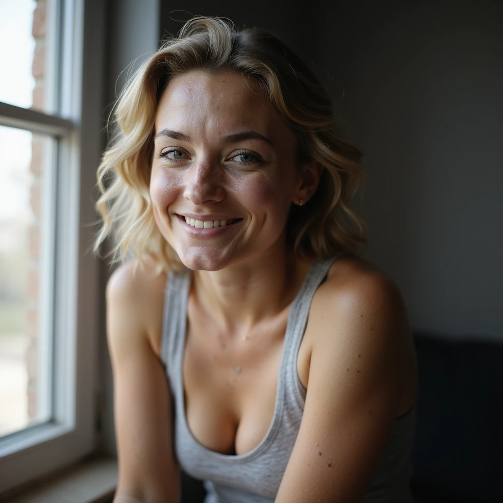 portrait of a young woman with PCOS sitting by a window, natural light highlighting faint facial hair and acne scars, wearing a tank top showing skin pigmentation, soft smile, raw and unfiltered portrait, DSLR photography style, shallow depth of field emoji