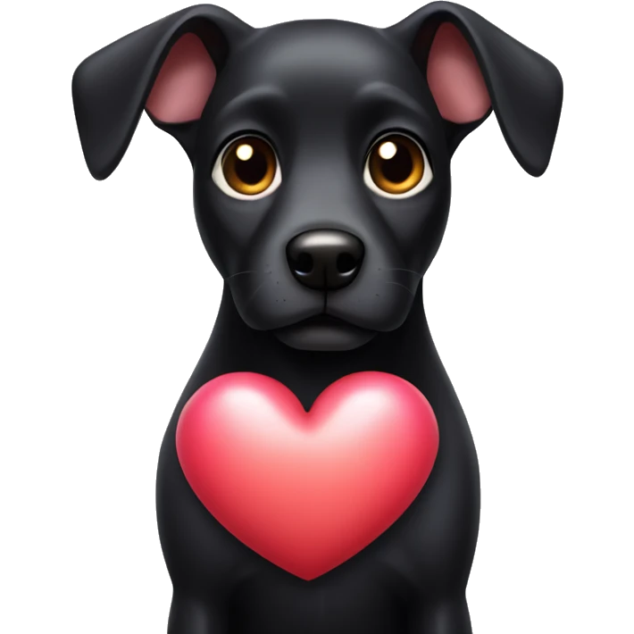 Black dog with big up ears holding heart emoji
