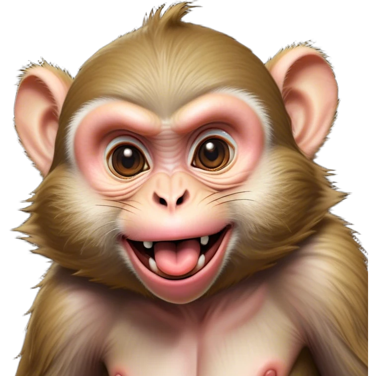 Cinematic Silly Macaque Portrait Emoji, Sporting a comically contorted face with crossed eyes and a tongue playfully sticking out, set against a backdrop of soft, detailed fur and a dynamic, agile build, Simplified yet humorously expressive features, highly detailed, glowing with a warm, jovial glow, high shine, exuberantly playful and cheeky, stylized with an air of quirky primate humor, soft glowing outline, capturing the essence of a silly macaque that appears ready to burst out of the screen with contagious laughter! emoji