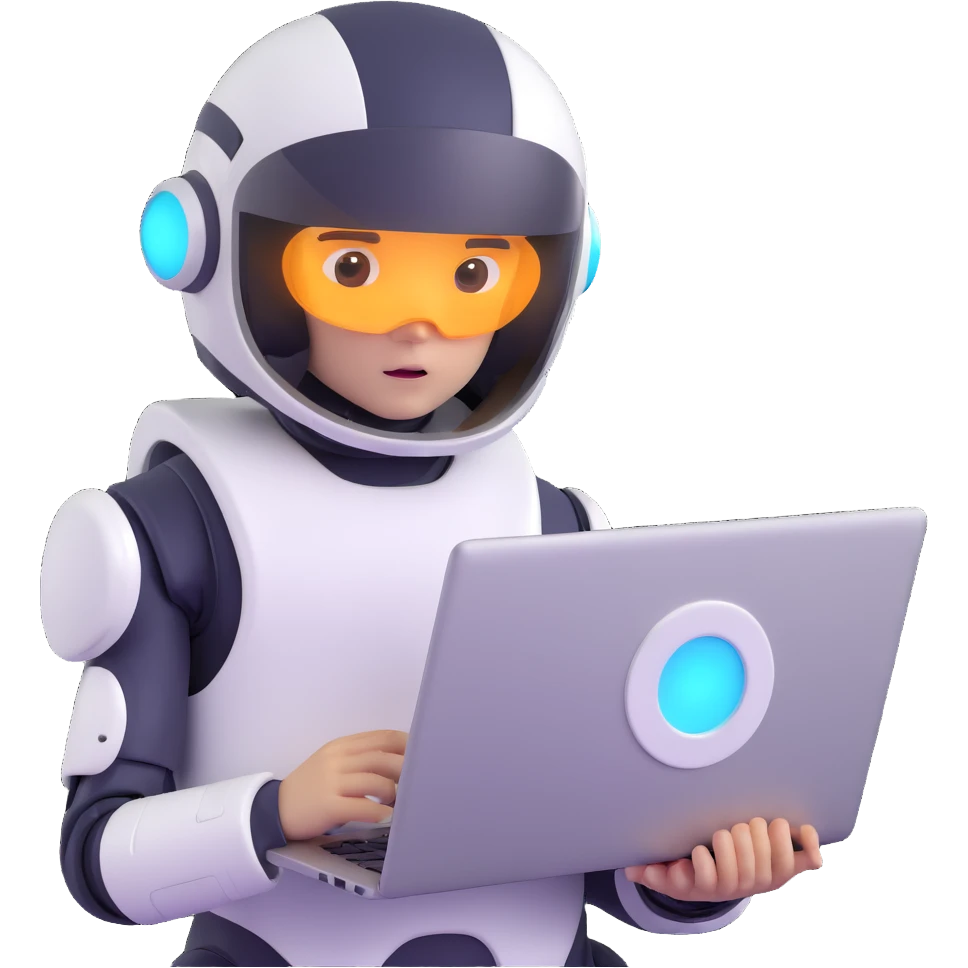 futuristic tech boy with robot helmet, glowing white circle, high-tech laptop, neon cyberpunk room, holographic displays, focused, mysterious emoji
