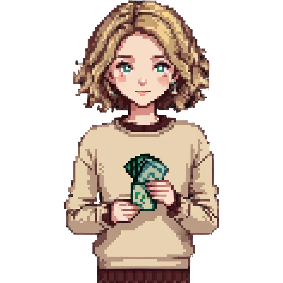 girl with rummy hair in beige sweater happy with money in hands emoji