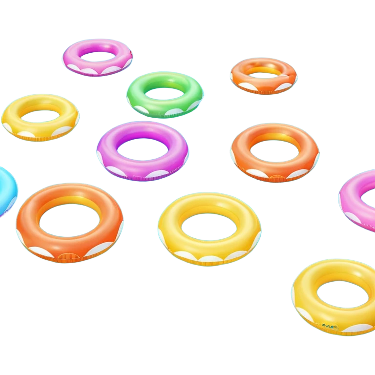 swimming pool surface with multiple inflatable pool floats floating on water, extra colorful float rings scattered across the pool, glossy water reflections, summer vibe, 3D cartoon style, mobile game icon style, clean composition, no people, no text, no watermark

 emoji
