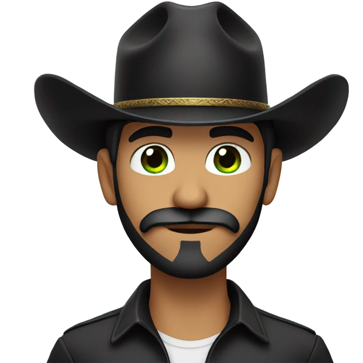 Light hispanic male, black beard with a black mustache, green eyes and wearing black cowboy hat emoji