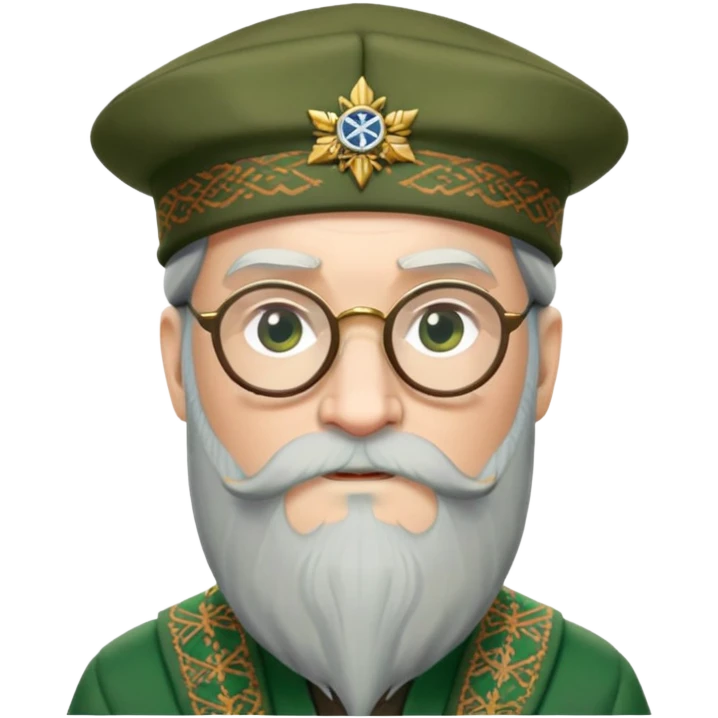 Dumbledore wear green scotland Tam o'shanter cap with decorative patterns, wear glasses, very long beard emoji