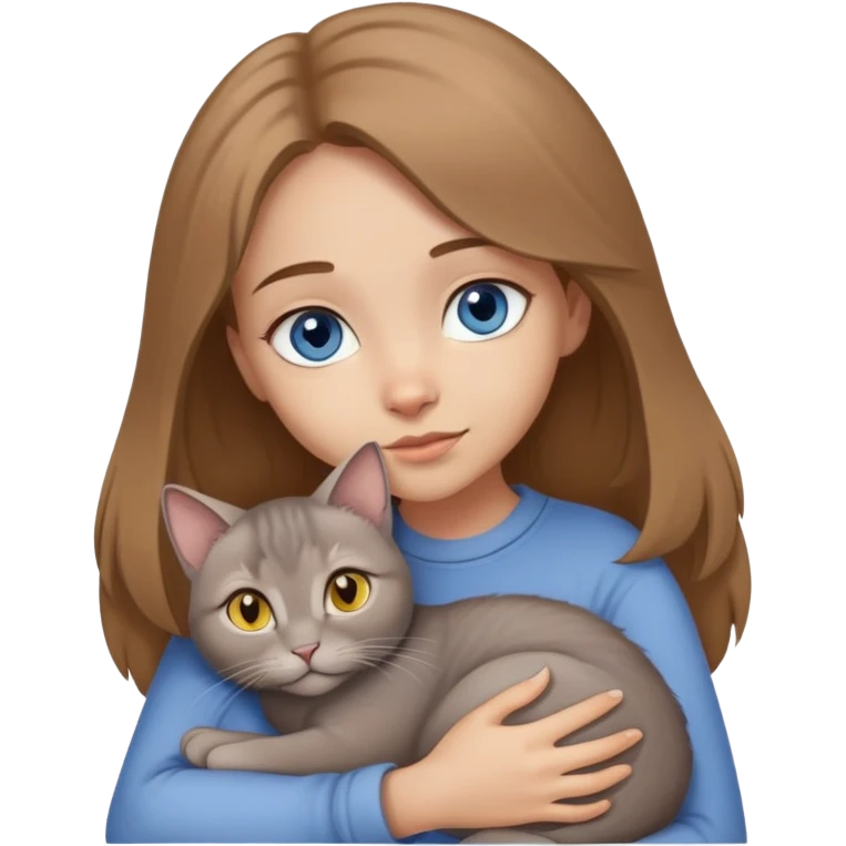 A girl with light brown hair and blue eyes hugs a gray lop-eared cat with yellow eyes emoji